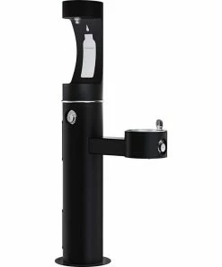 Elkay Outdoor 316 Stainless Steel Bottle Filling Station Bilevel Pedestal Fountain with Upper Bottler Filler and Low Bubbler Station in Black